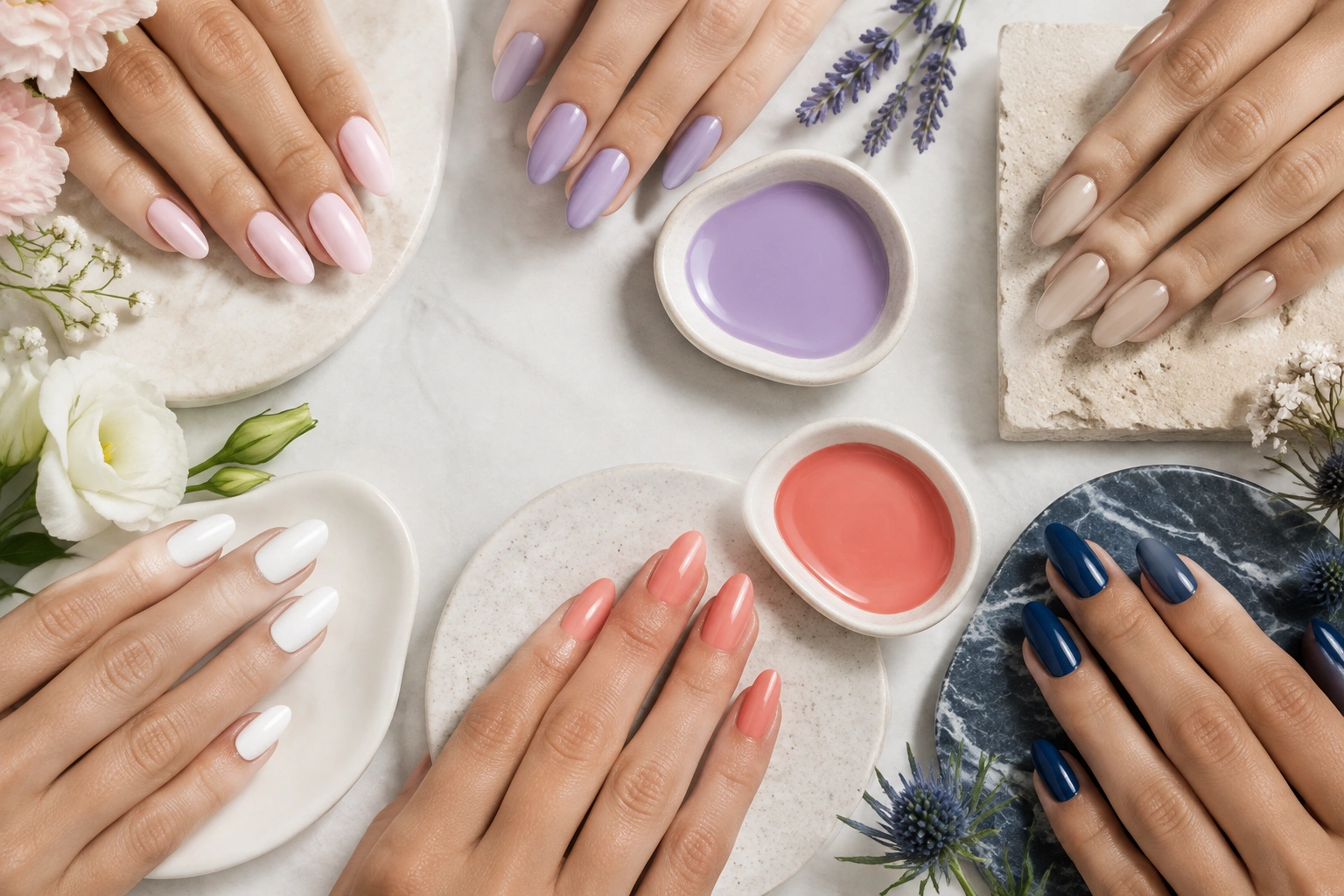 Flat lay of cute nail color combinations in pastel, neutral, and bold shades