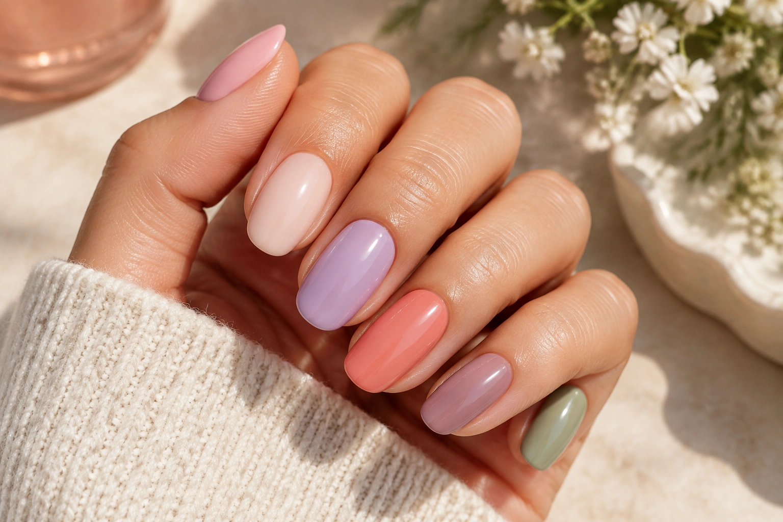 A neat manicure display featuring soft blush pink, milky nude, lavender, coral, dusty mauve, and sage nail colors
