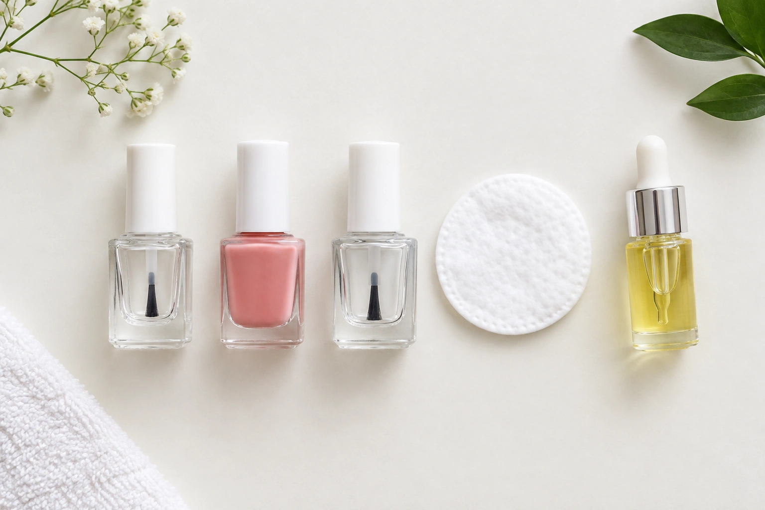 Beginner nail polish routine with base coat, color, and top coat