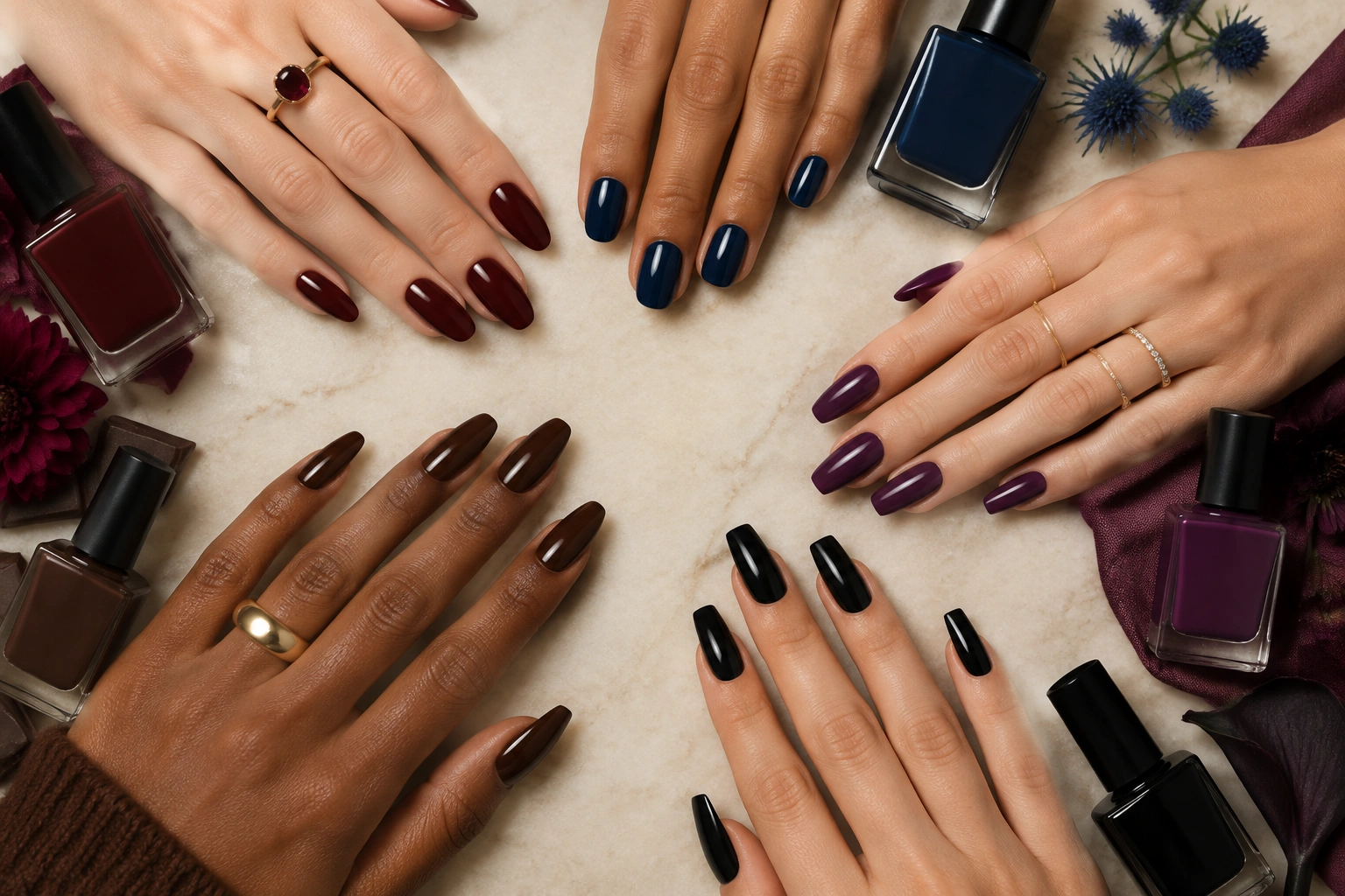 A curated selection of dark nail colors including burgundy, navy, plum, and black