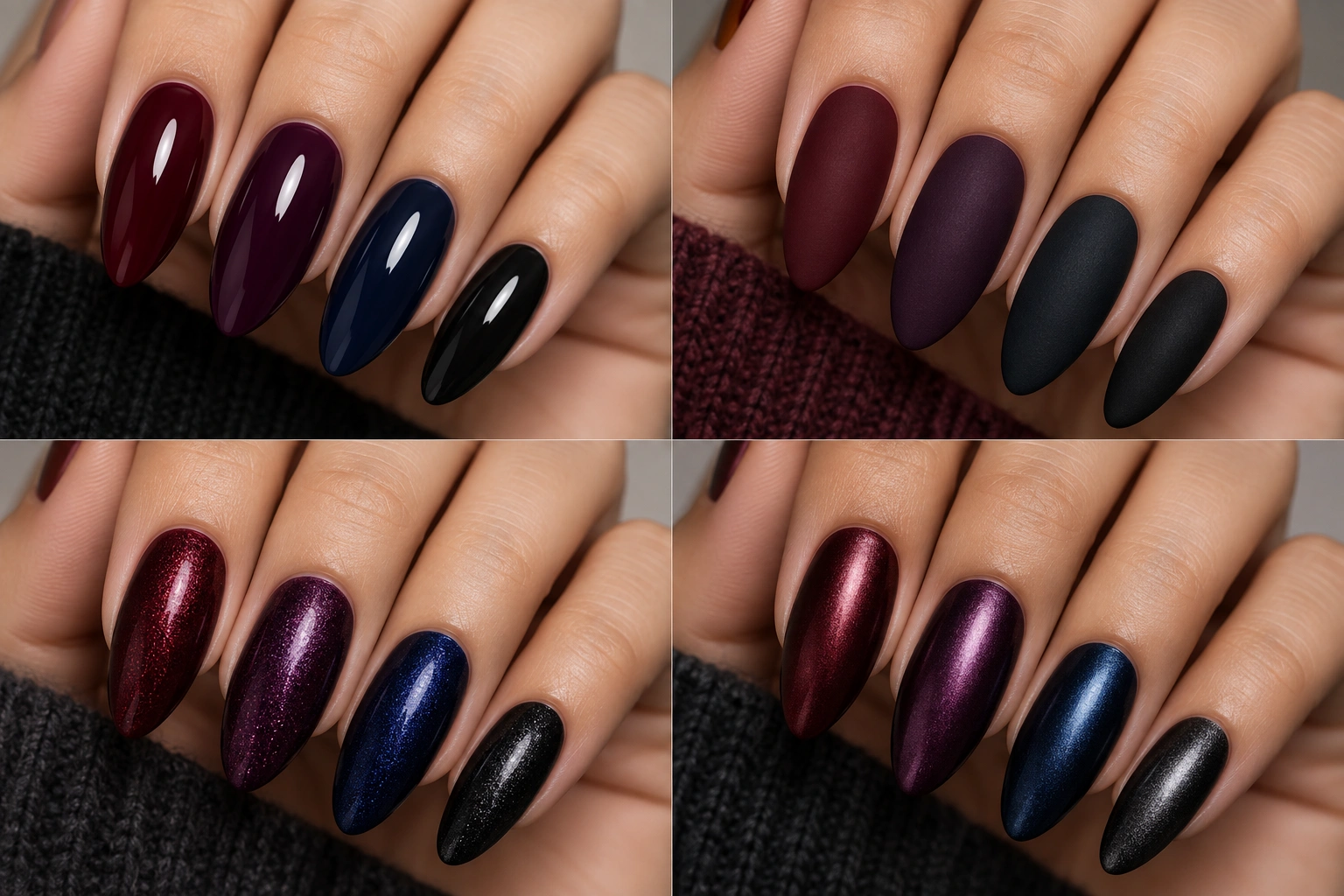 Comparison of dark nail colors with glossy, matte, and shimmer finishes