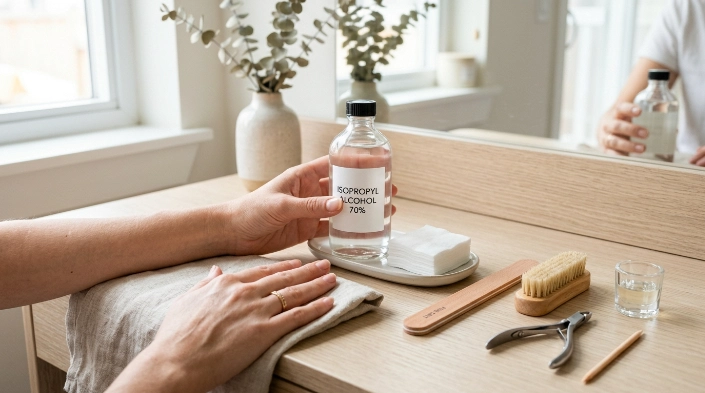 DIY nail dehydrator supplies with rubbing alcohol and lint-free nail wipes