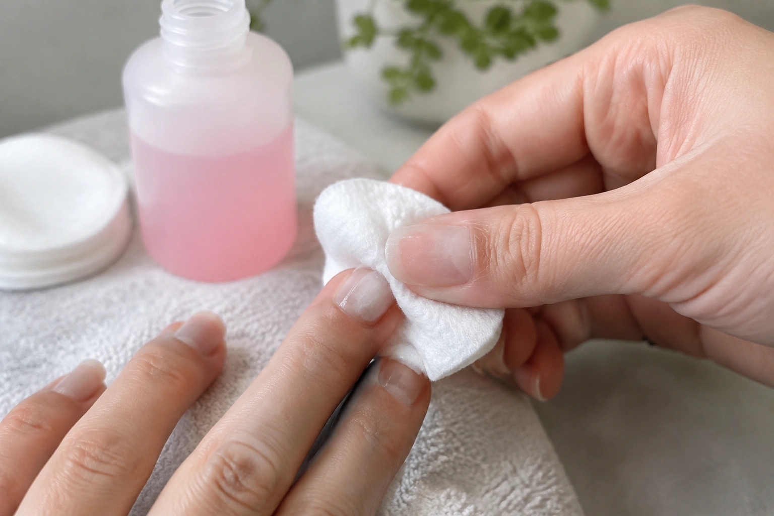 Cotton pad gently removing nail polish from a natural nail