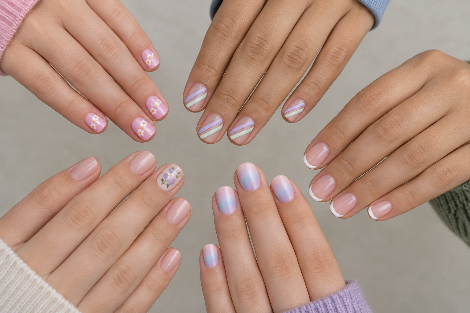 Examples of dot daisies, tape stripes, sticker decals, sponge gradient, and French tips on short natural nails