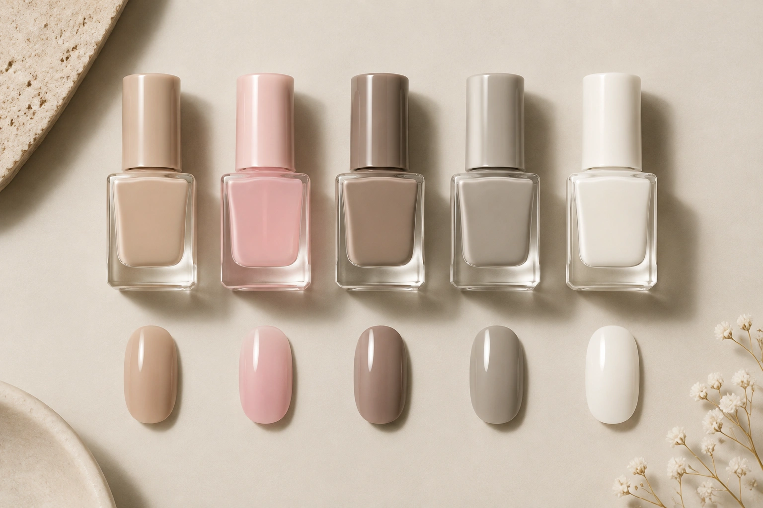 A selection of everyday nail colors including nude, sheer pink, taupe, and milky white