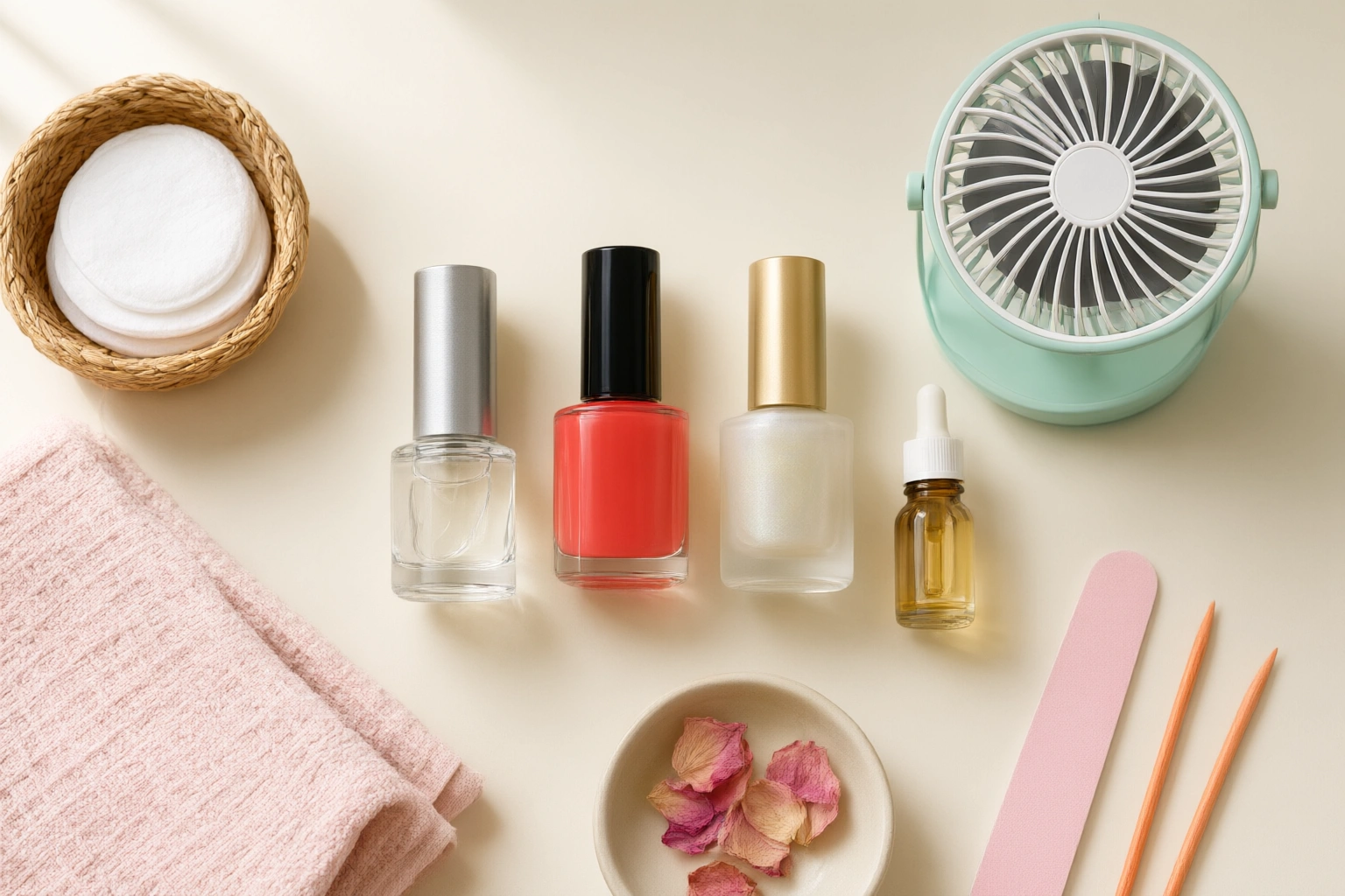 Flat lay of manicure tools including base coat, polish, top coat, and quick-dry drops