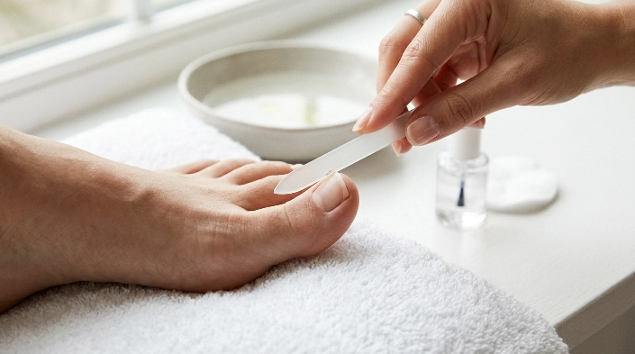 Using a nail file safely on toenail edges to help prevent ingrown toenails