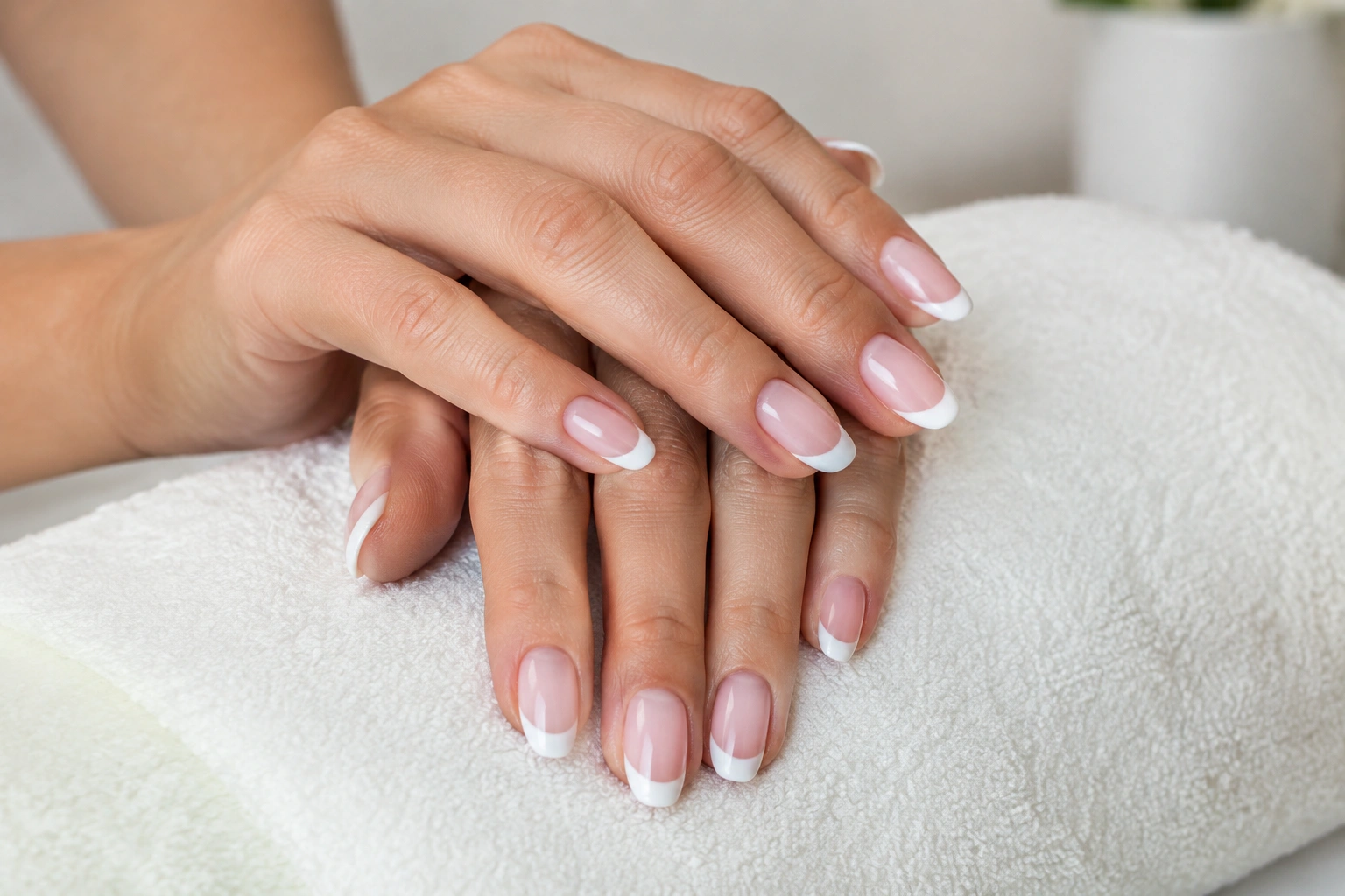 Classic French tip manicure on neatly shaped nails