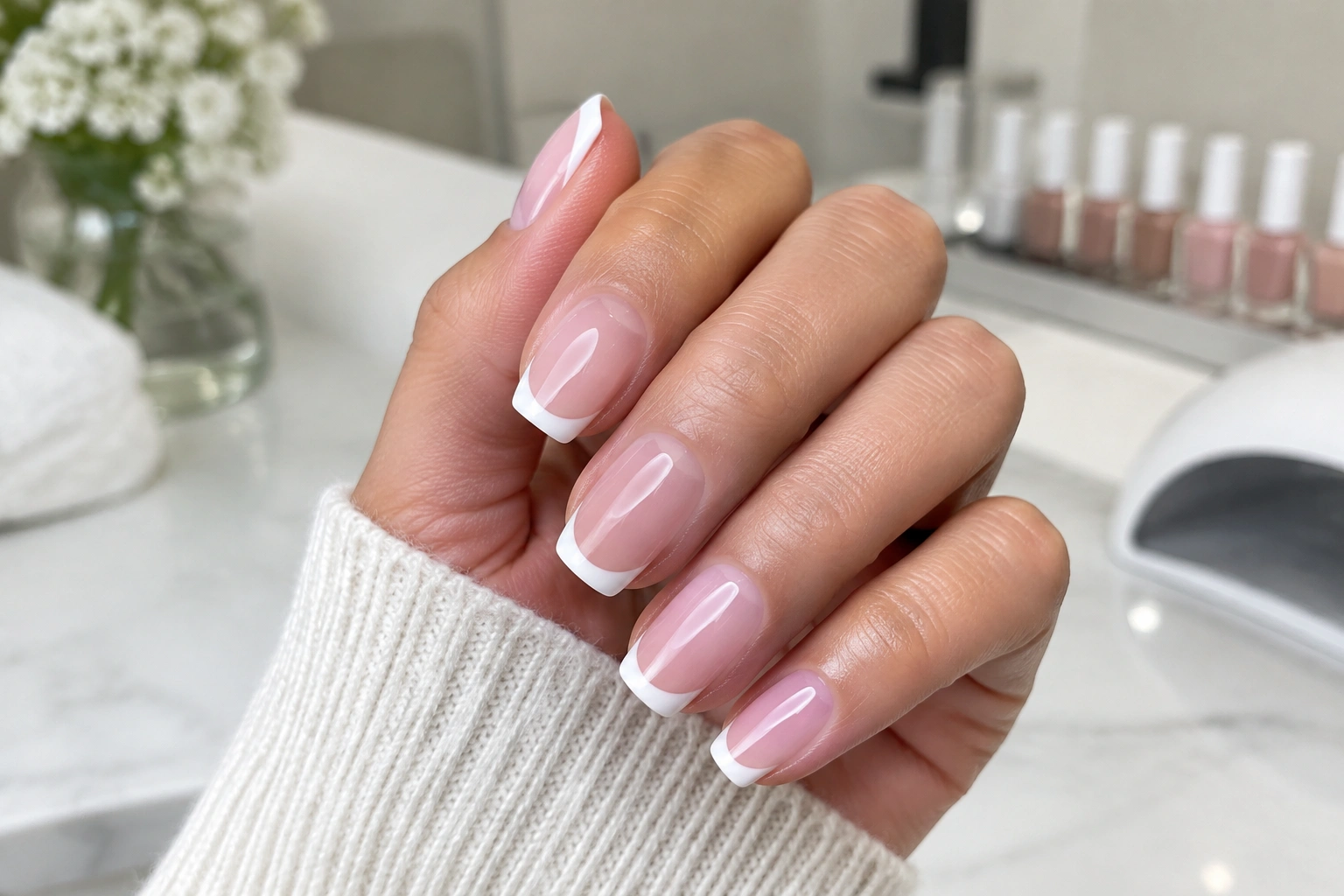 French tip nails at a salon with pricing context