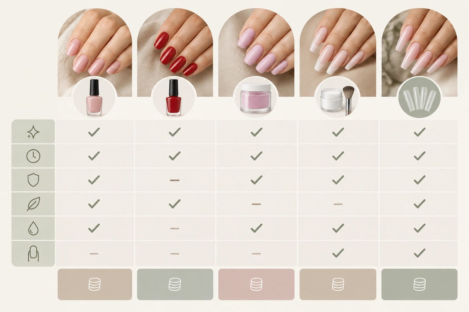 Comparison table of gel polish, regular polish, dip powder, acrylics, and gel extensions