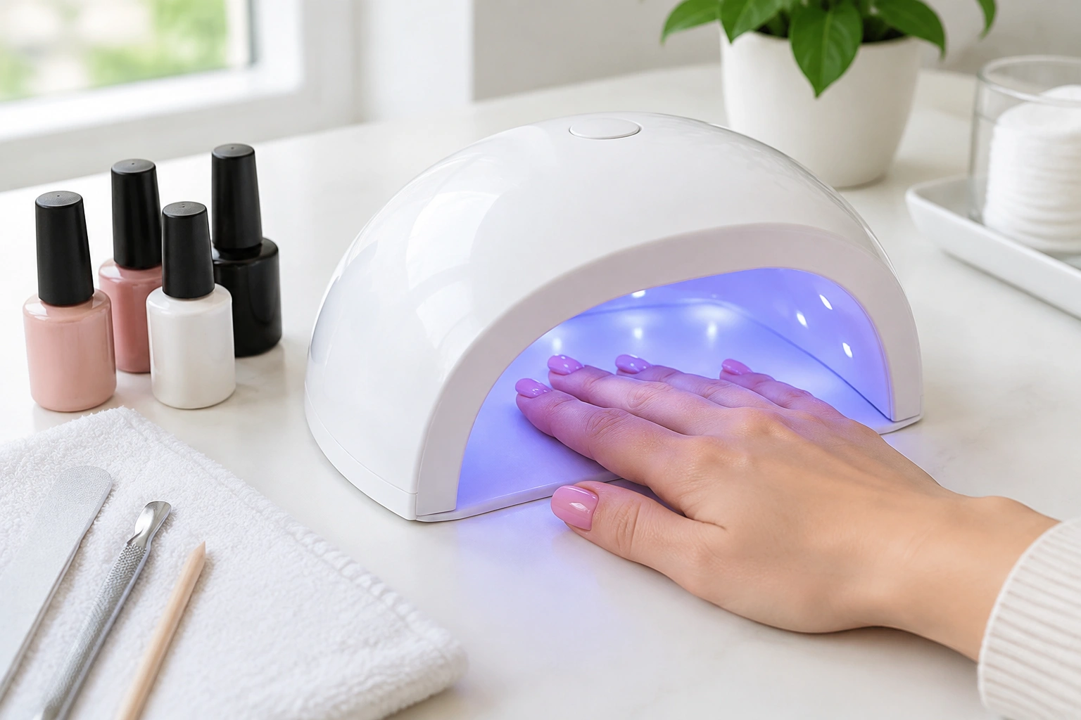 Beginner applying gel polish under a nail lamp