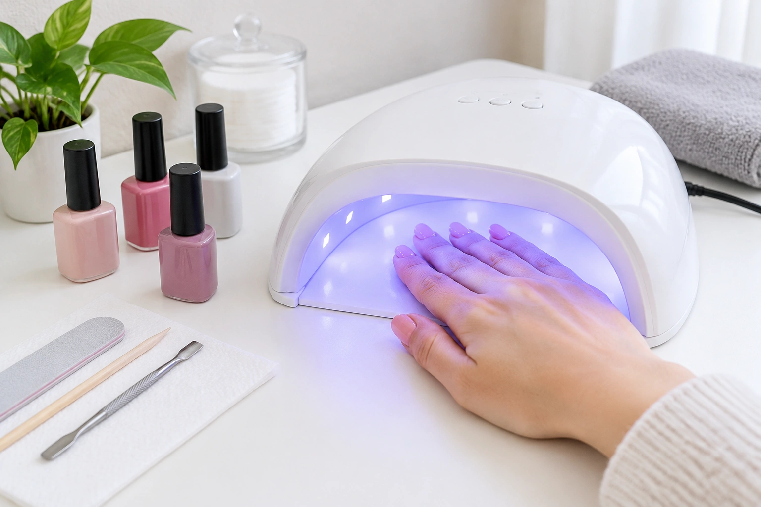 Beginner gel polish curing setup with lamp and hand placement