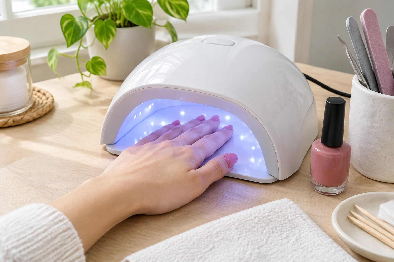 Beginner applying gel nail polish under a lamp