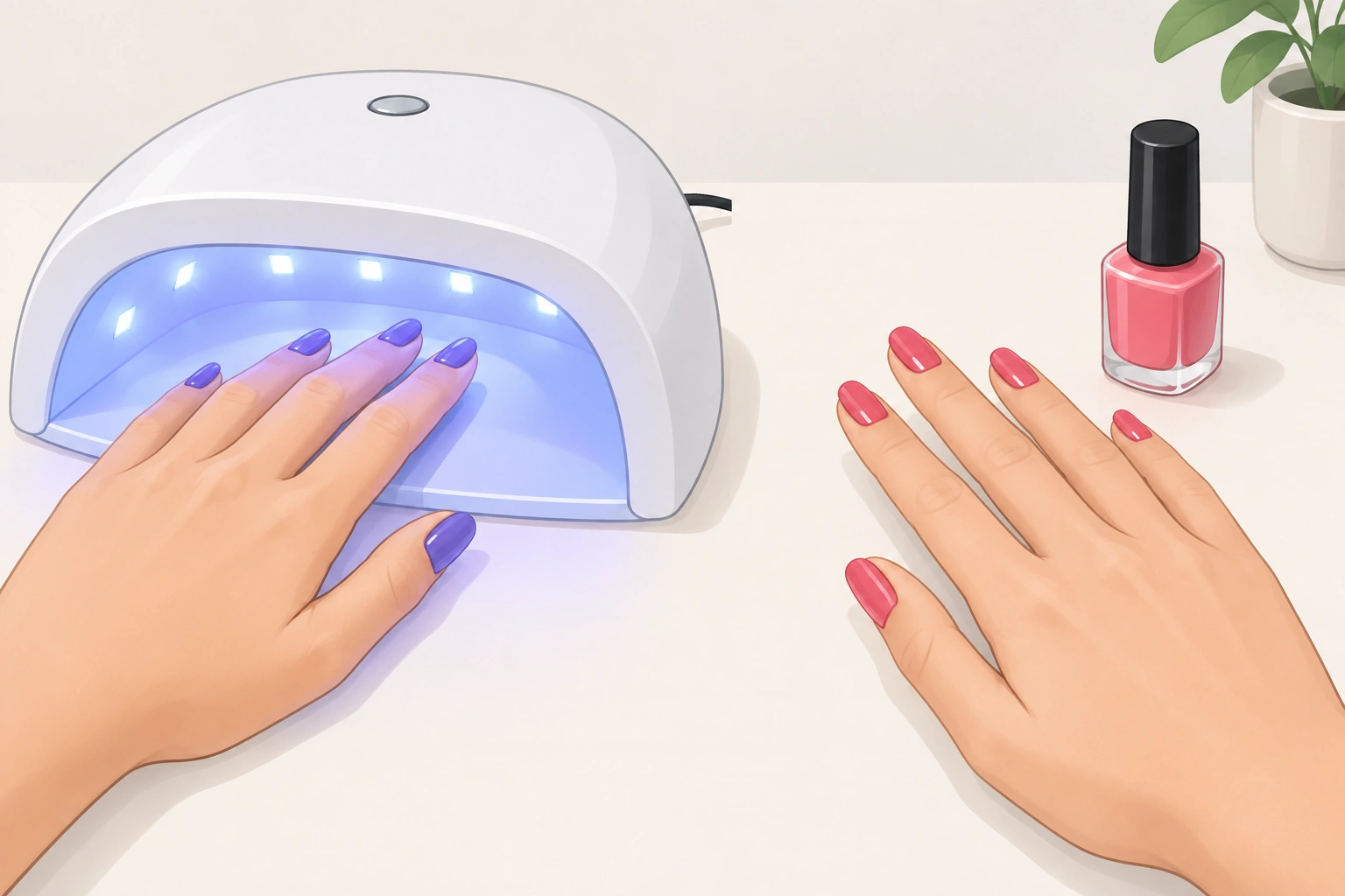 Beginner comparison of gel polish curing under a lamp versus regular nail polish air-drying