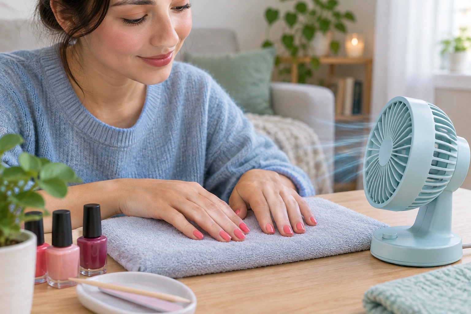 Small fan blowing gently toward freshly painted nails