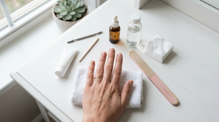 Gentle nail prep with alcohol and nail file for dry nails