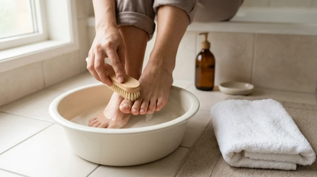 Gentle toenail cleaning routine between professional pedicures