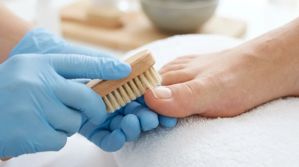  Gentle cleaning beneath the free edge of a toenail