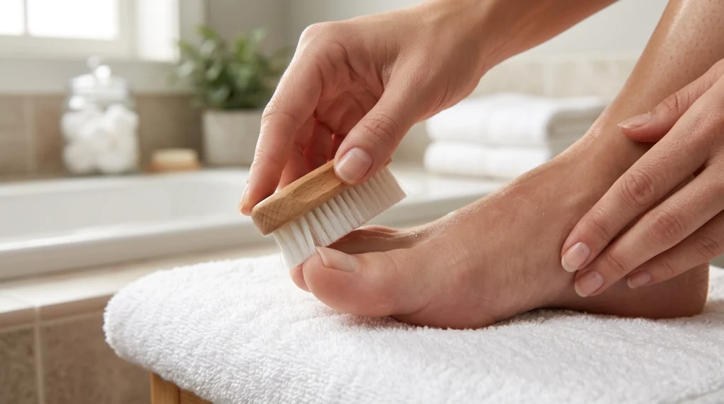 Use a soft nail brush and light pressure around the exposed nail edge.