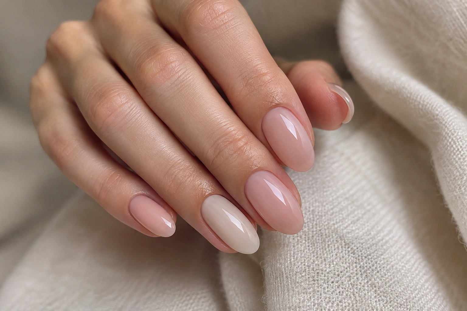 Hands with glossy natural-looking nude nails in soft pink and beige tones
