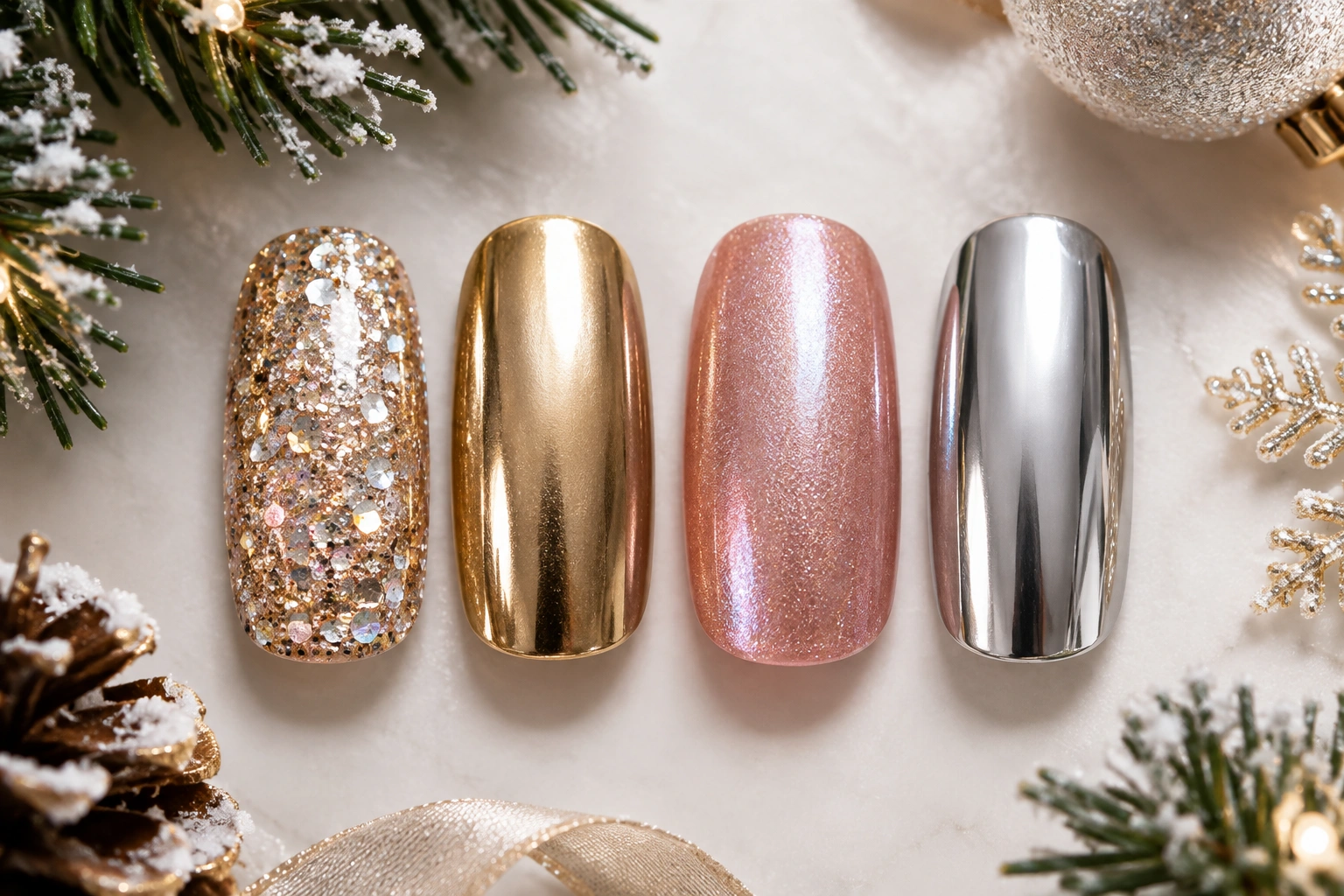 Holiday manicure finishes including glitter, metallic, shimmer, and chrome nails