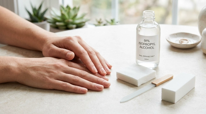 Homemade nail dehydrator supplies with isopropyl alcohol and lint-free nail wipes