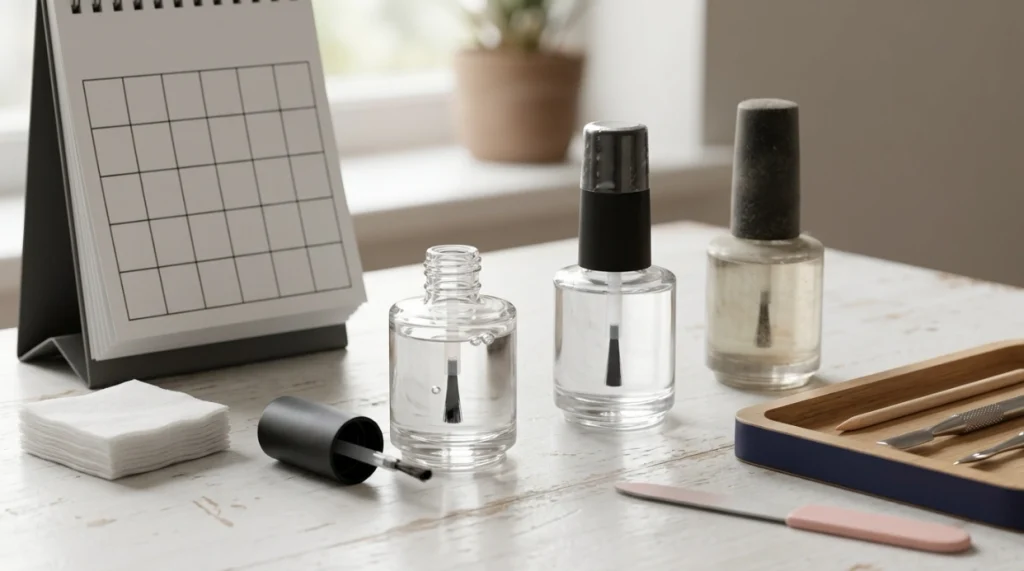 Nail dehydrator bottles representing different shelf-life and after-opening periods on a manicure desk.