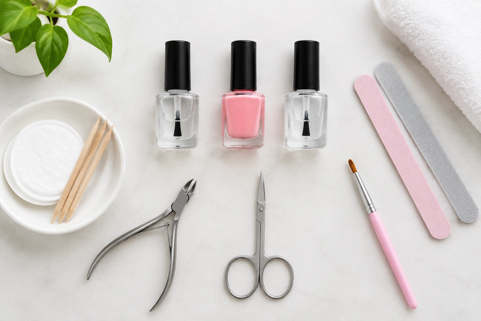 Beginner nail polish setup with base coat, color polish, and top coat