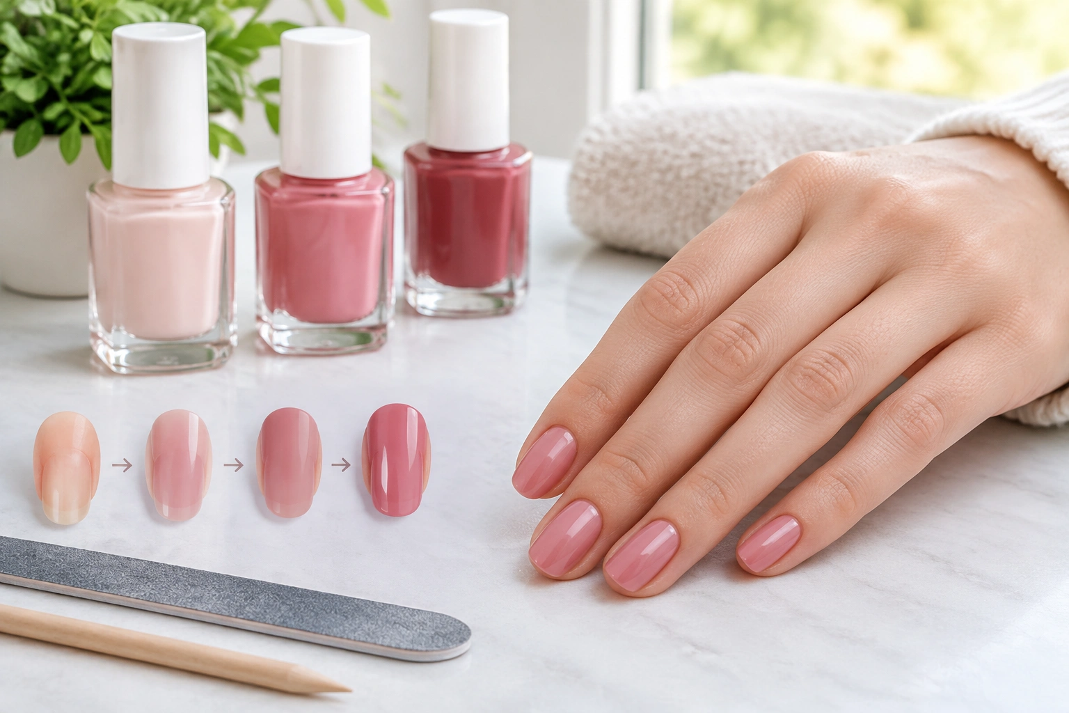 Beginner manicure with nail polish, base coat, color coats, and top coat