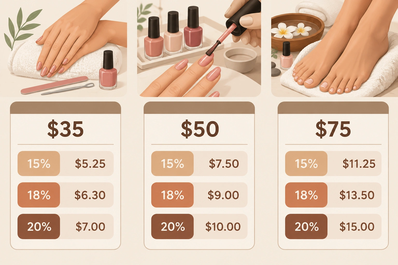 Chart showing how much to tip at a nail salon for common manicure and pedicure prices