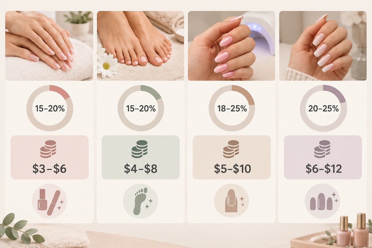 Tip percentage chart for manicure, pedicure, gel, and acrylic nail salon services