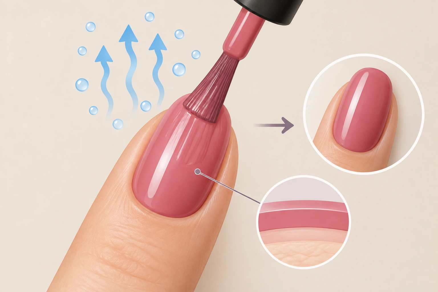 Diagram showing nail polish drying by solvent evaporation and film formation