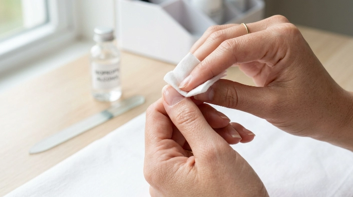 Applying homemade nail dehydrator to natural nails with a lint-free wipe