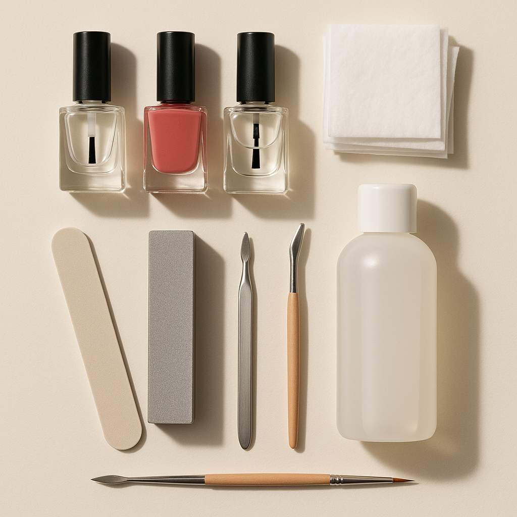 Beginner nail polish application tools laid out for an at-home manicure
