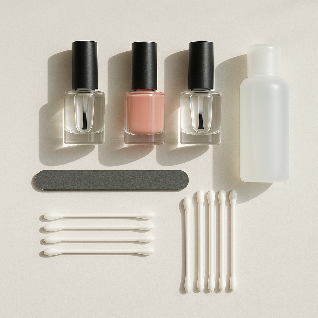 Beginner nail polish application setup with polish, base coat, top coat, and tools