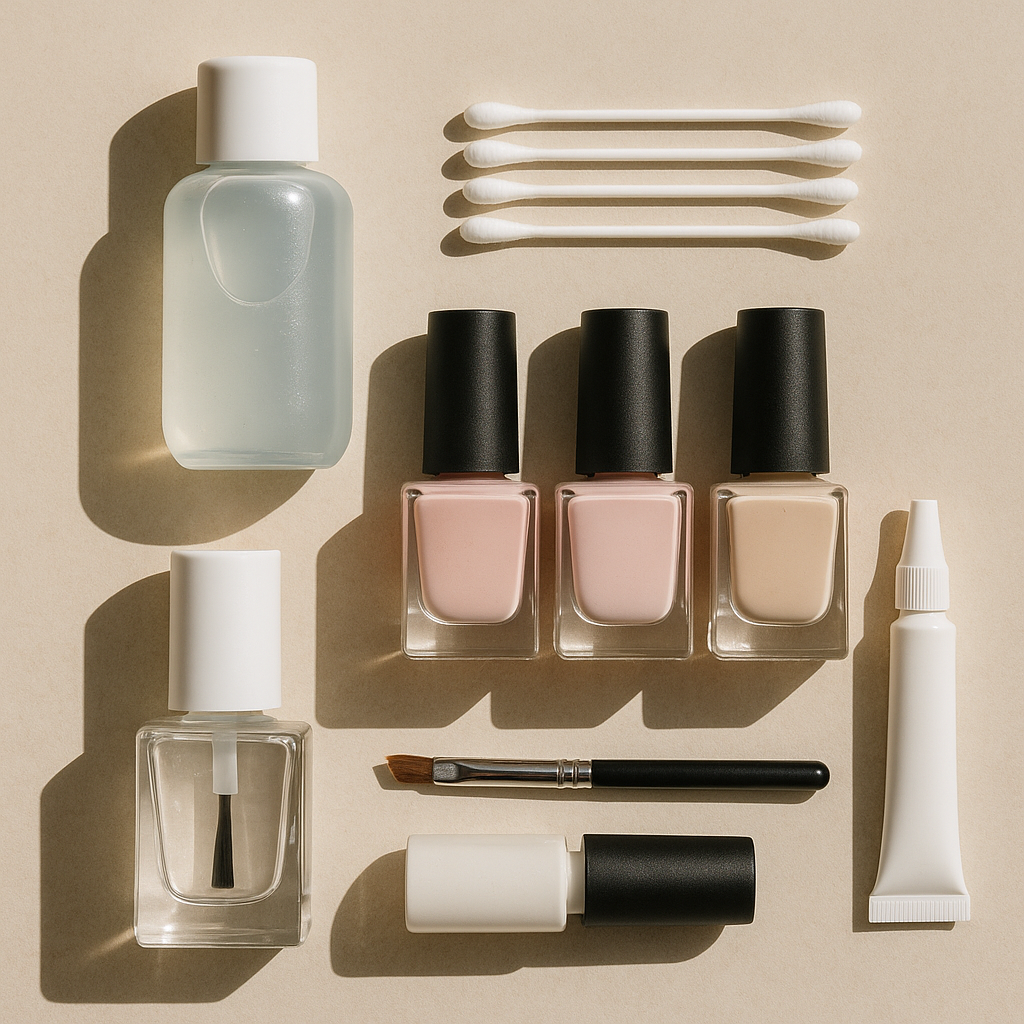 Beginner nail polish application tools laid out for a clean manicure