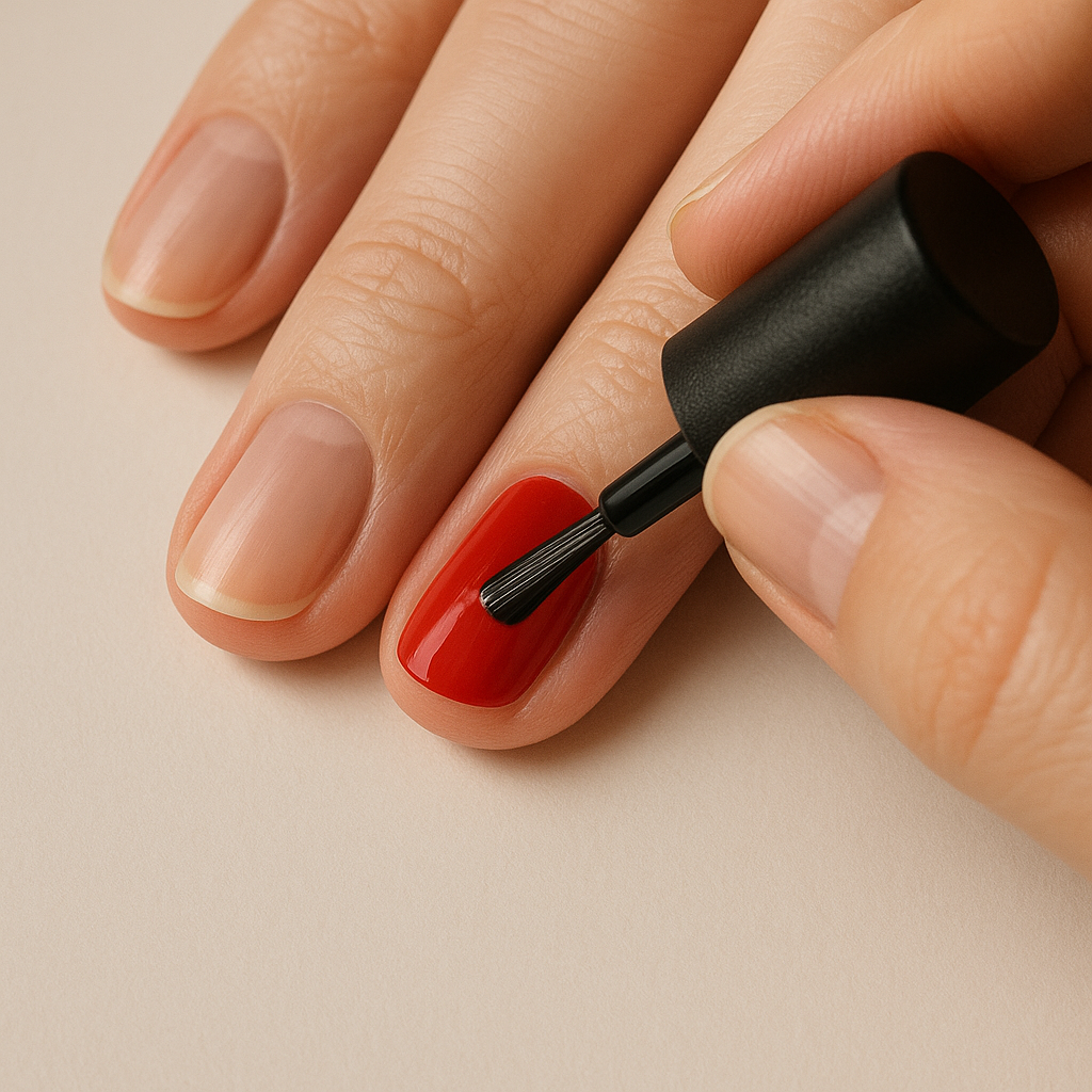 Hand applying nail polish neatly with a small gap near the cuticle