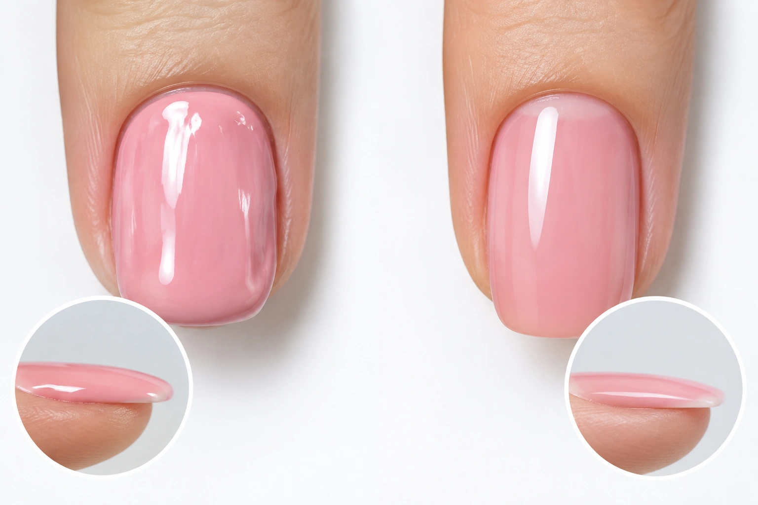 Close-up of polished nails with a thick coat being corrected by thin layers