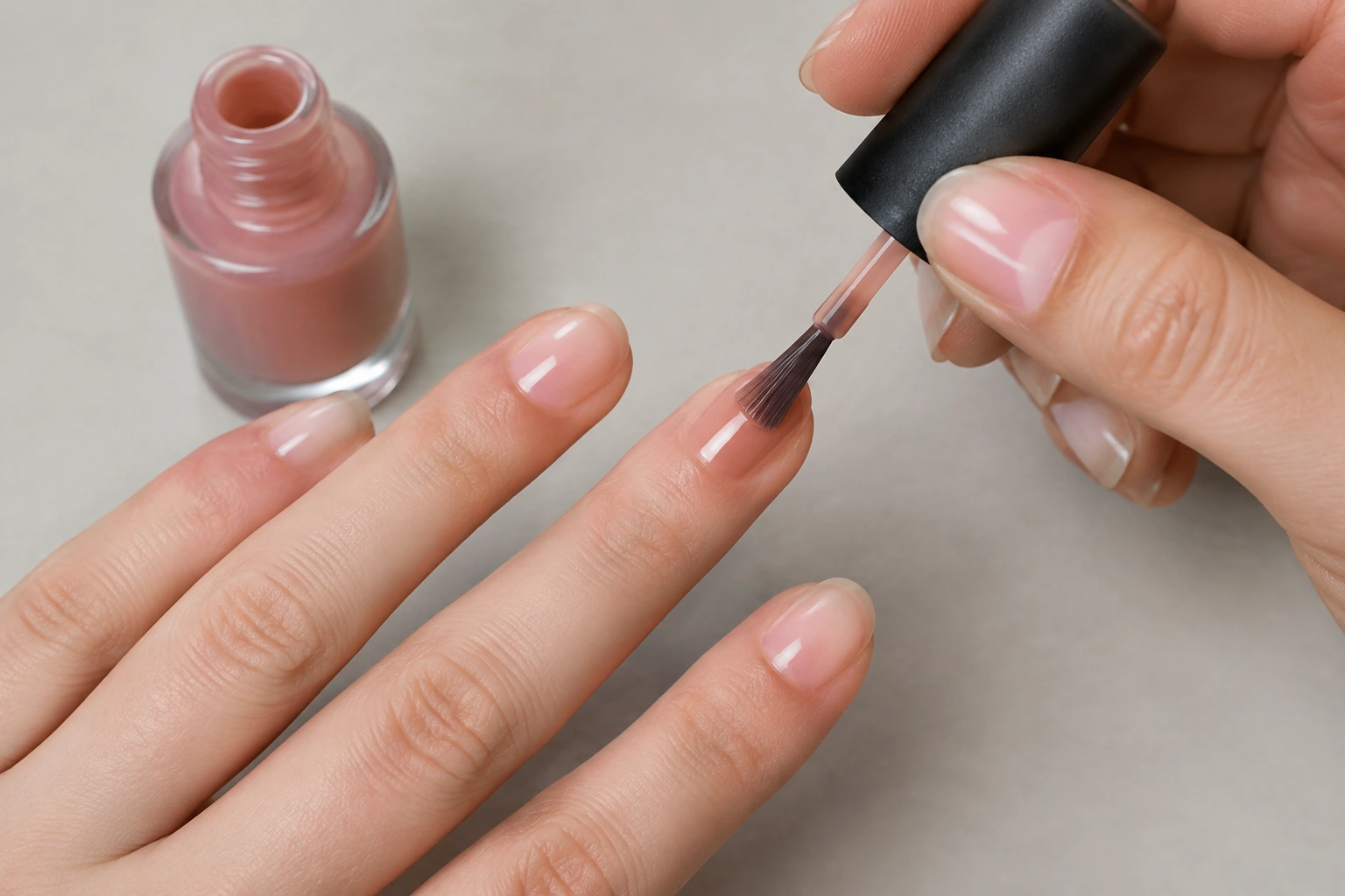 Close-up of a nail brush applying slightly thick polish in a thin coat