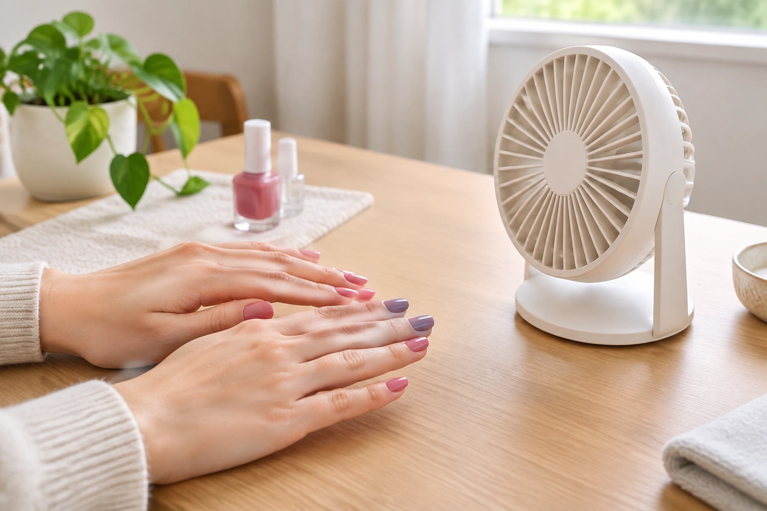 Beginner manicure with freshly painted nails drying near a fan