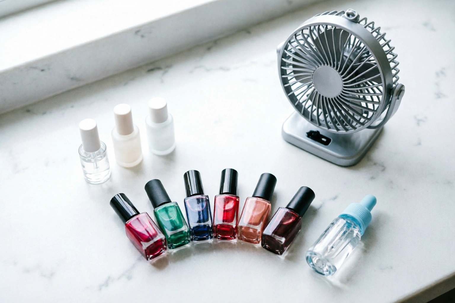 Nail polish, top coat, and drying tools laid out for a fast manicure