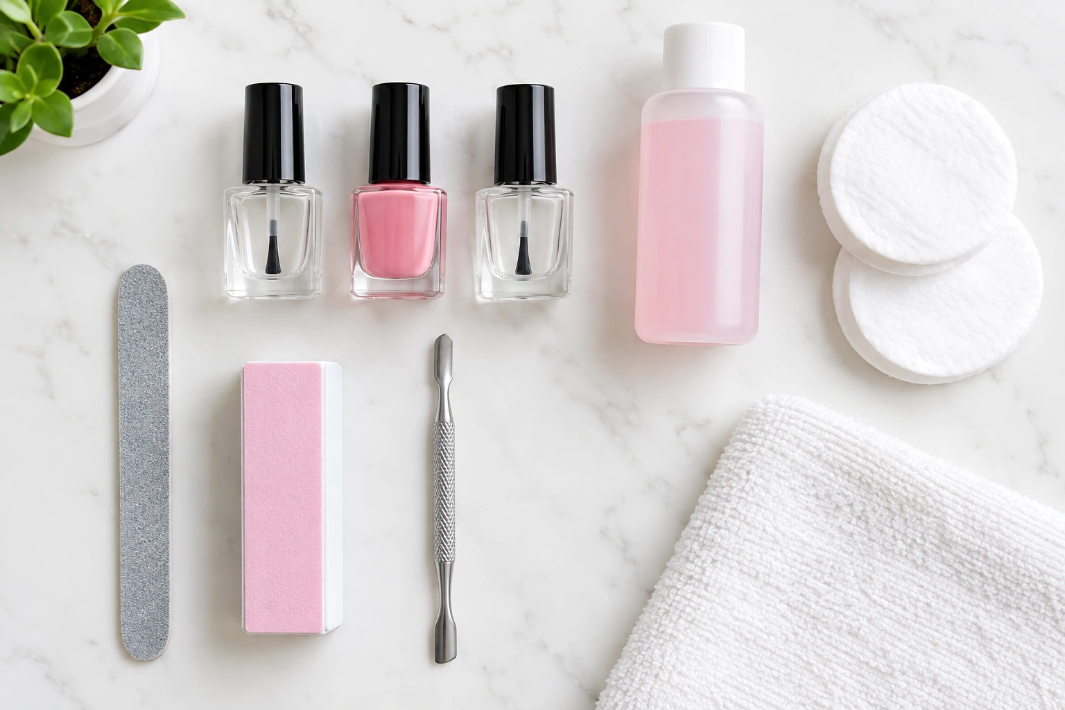 Beginner nail polish tools laid out on a clean surface