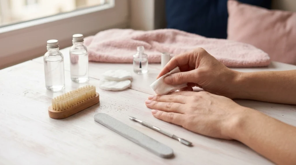 Natural nails being prepped with a lint-free wipe, file, brush, alcohol, and base coat