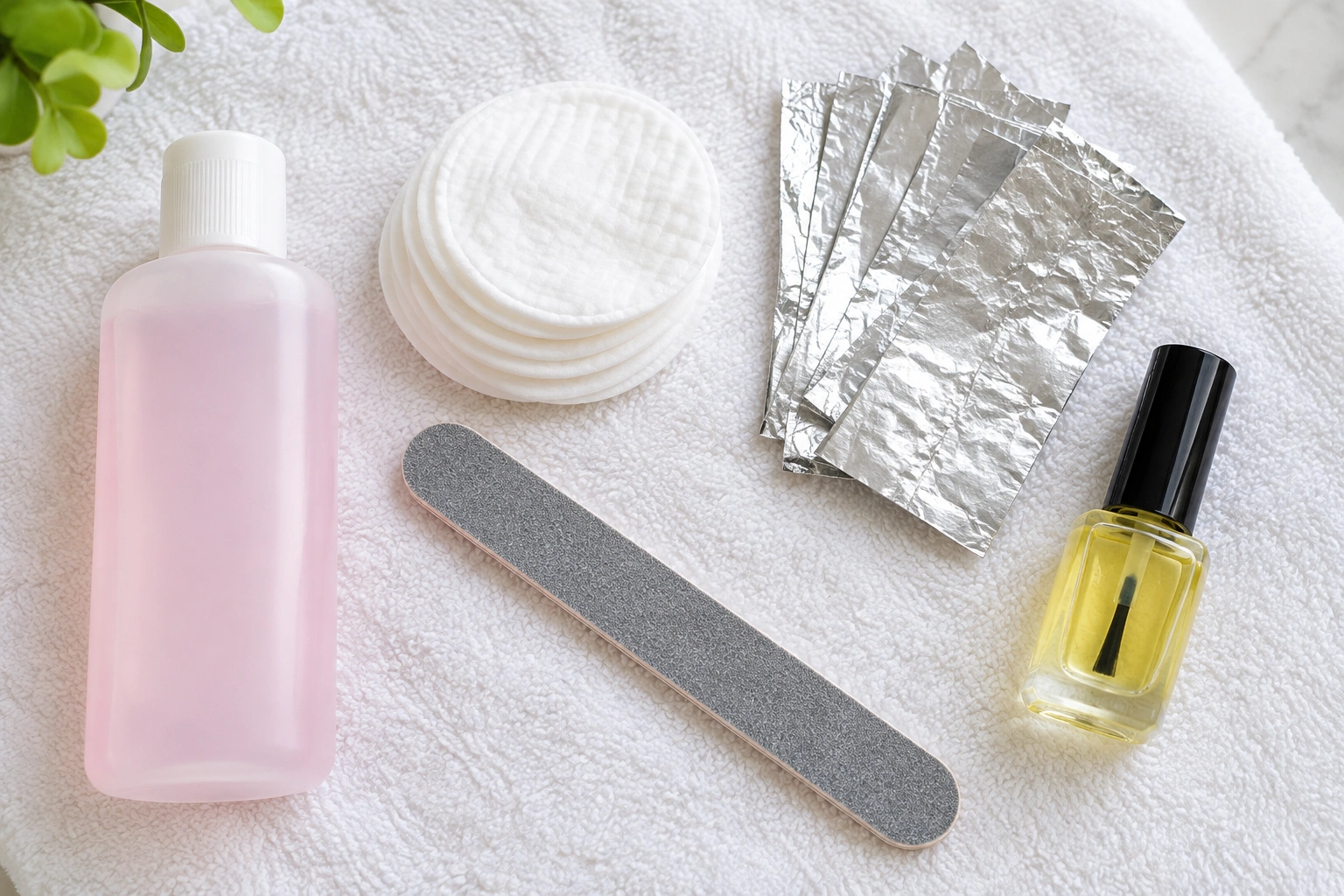 Cotton pads, nail polish remover, foil, and cuticle oil for nail polish removal
