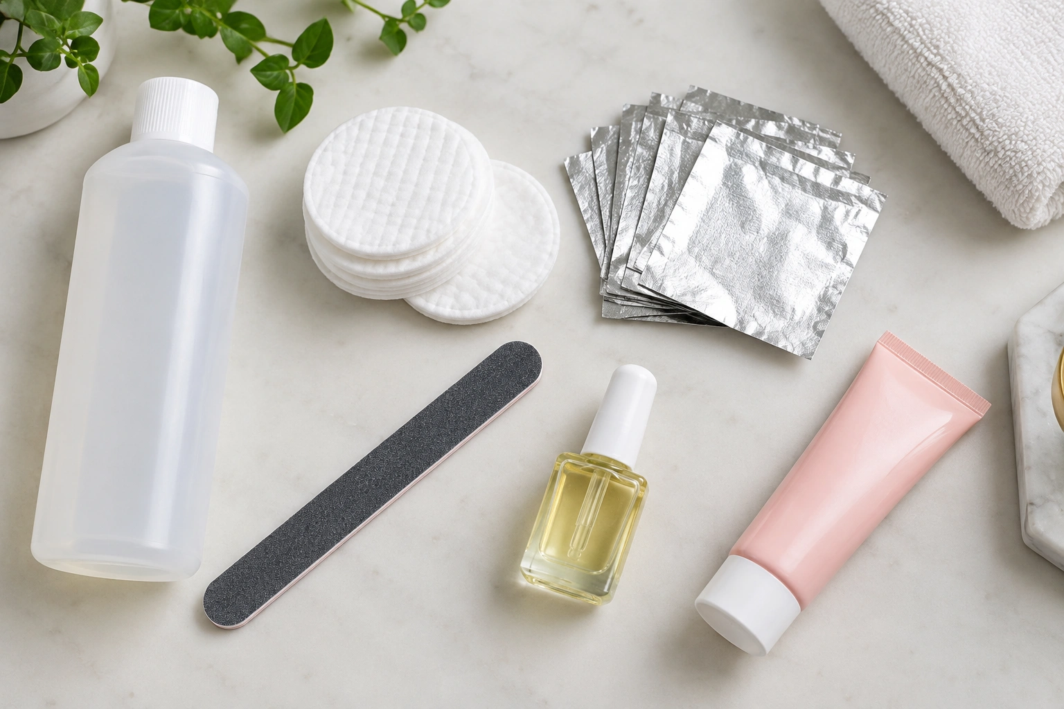 At-home nail polish removal supplies including remover, cotton, and foil