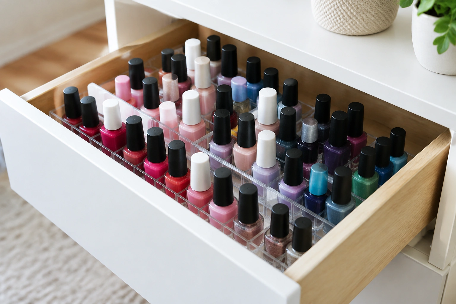Nail polish bottles stored upright in a drawer