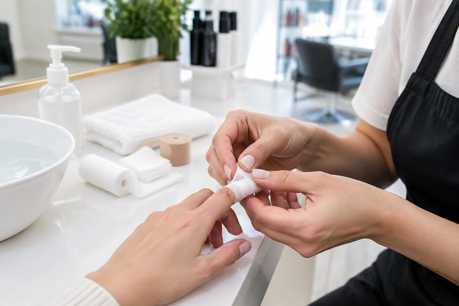 A simple first-aid setup for treating a small nail salon cut