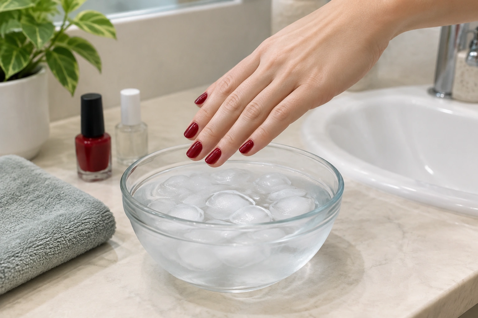 Bowl of ice water used to dry freshly painted nails