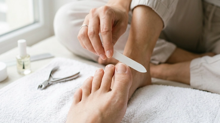 Gently filing a damaged toenail while waiting for it to grow out