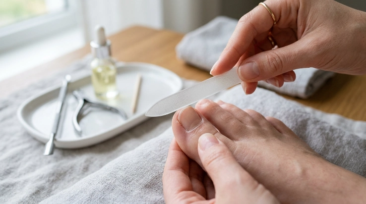 Gentle nail filing during healthy toenail regrowth